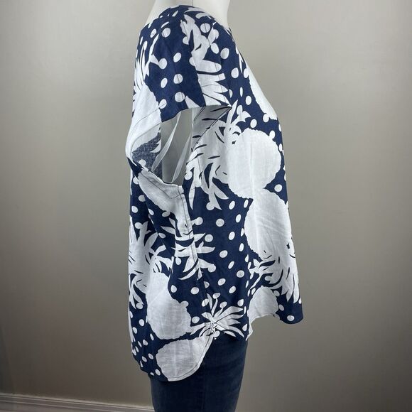 Ann Taylor Womens Petite L Blue White Pineapple Polka Dot Linen Blend Blouse - Picture 4 of 9